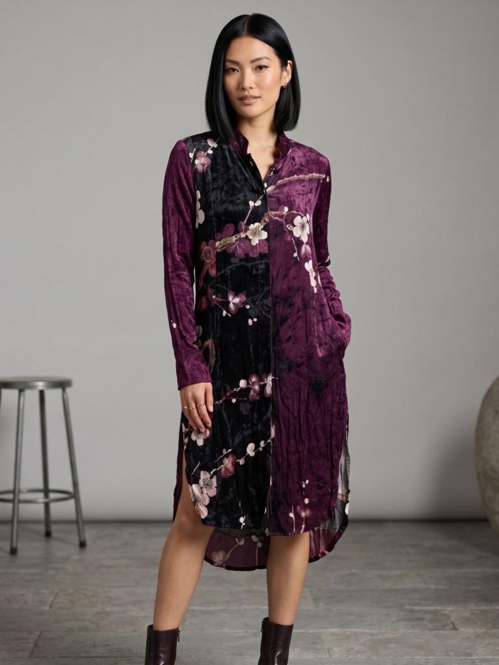 Citron Santa Monica Burgundy and Black Floral silk blend button down dress small